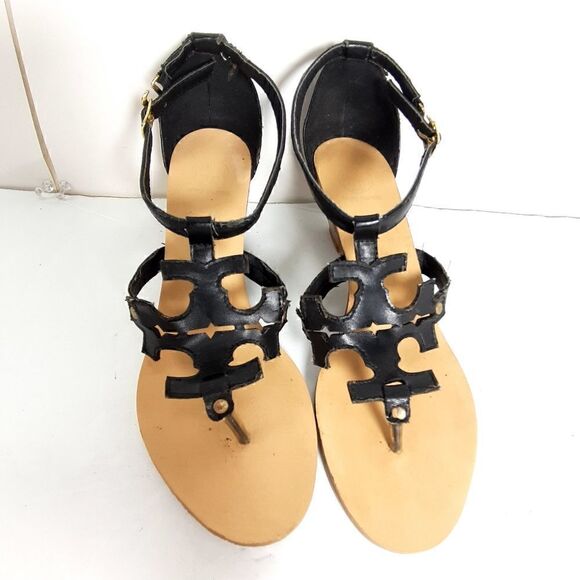 TORY BURCH Women's Black Tumbled leather Wedge slingback Sandals US6,5 EU 37 - Picture 3 of 12